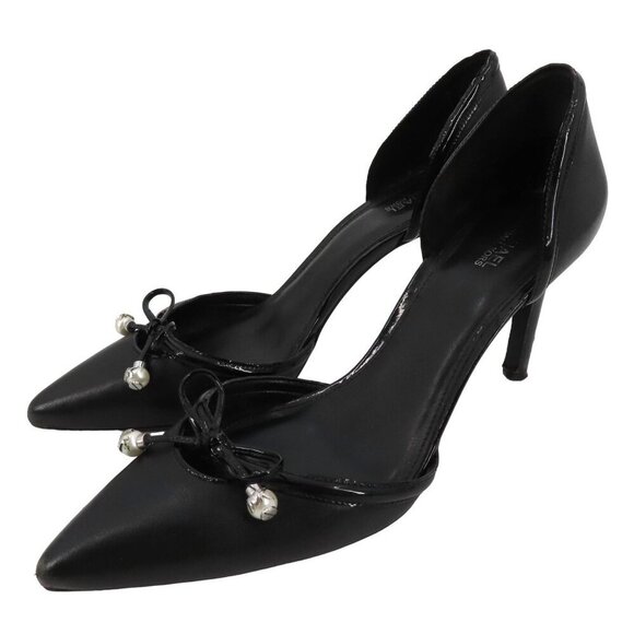 Michael Kors Womens 8.5 Gia Dorsay Heels Black Leather Bow Pearl Charm Shoes - Picture 1 of 14